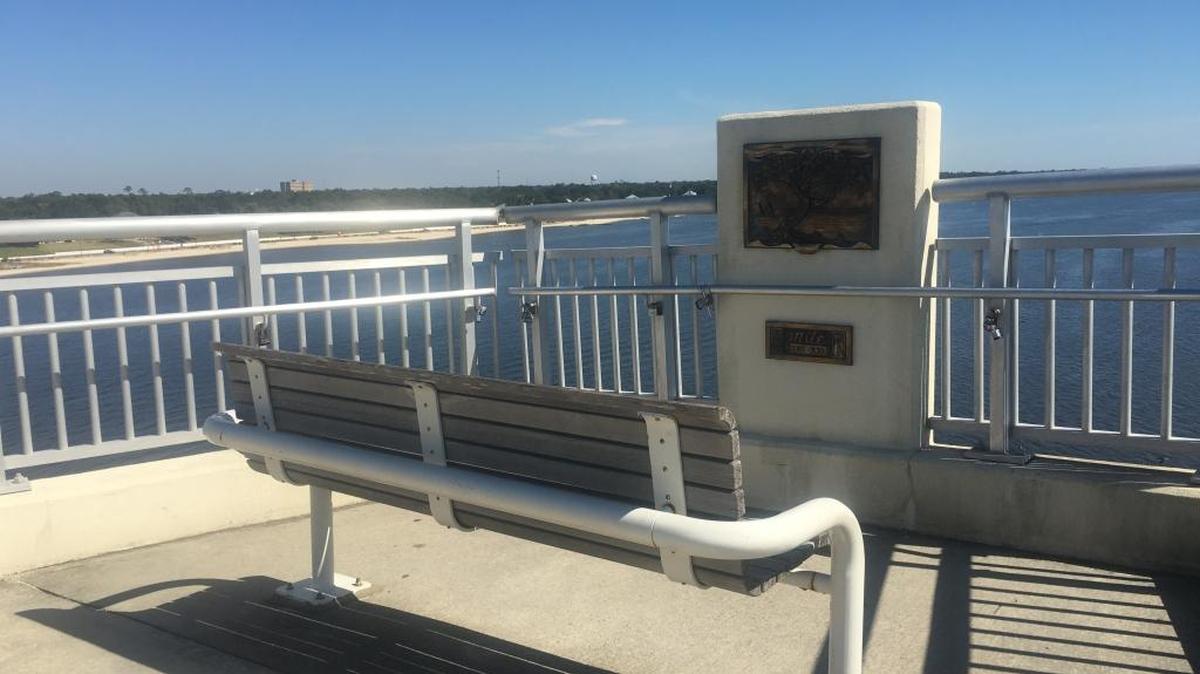 Three benches provide rest areas next to the walkway on the Biloxi Bay Bridge, which connects Biloxi and Ocean Springs.