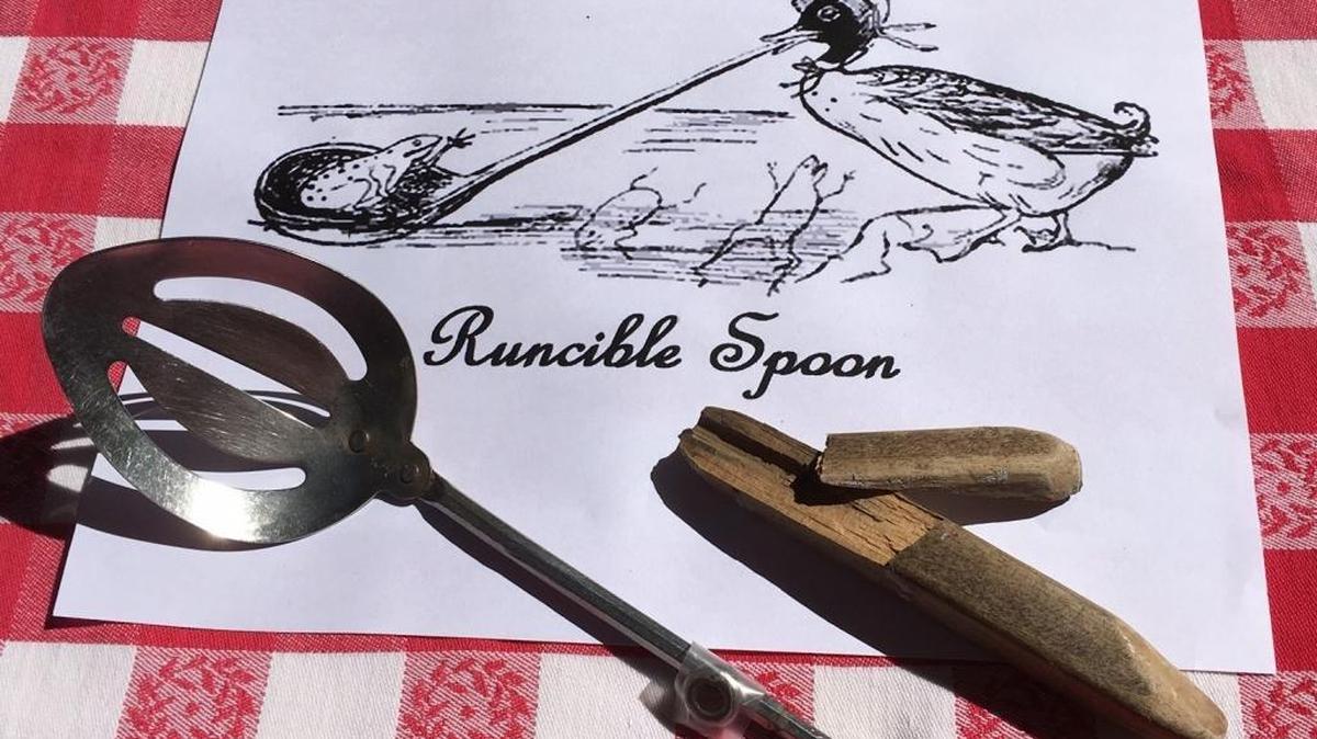 Cotton Bergeron’s ‘runcible spoon,’ again in pieces after more than a half-century of generational family use, sits atop a modern copy of Edward Lear’s illustration in his 1871 poem, ‘Owl and Pussy Cat.’ The word ‘runcible’ was his creation.