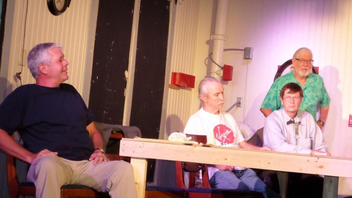 Cast of the Bay St. Louis Little Theatre’s production of “Twelve Angry Men.” Seated, L to R: Bill Matkin, Terry Cullen, Jim Codling. Standing: Bill Myers.