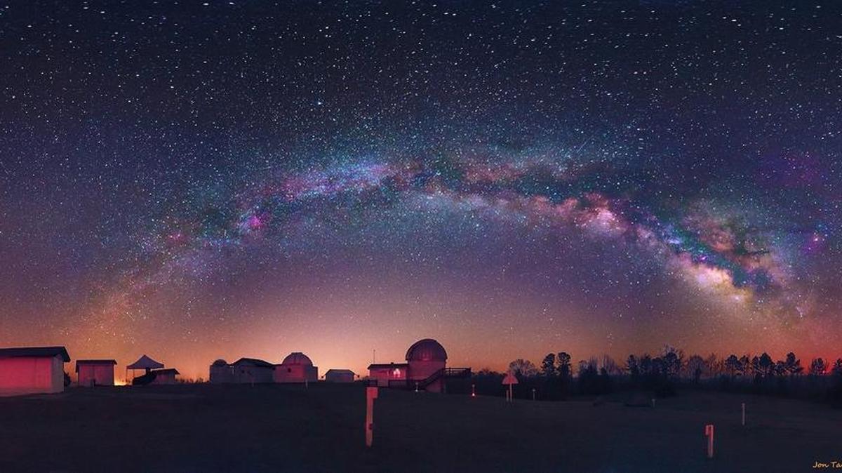 The Milky Way is observed over the Rainwater Observatory and Planetarium in Choctaw County.