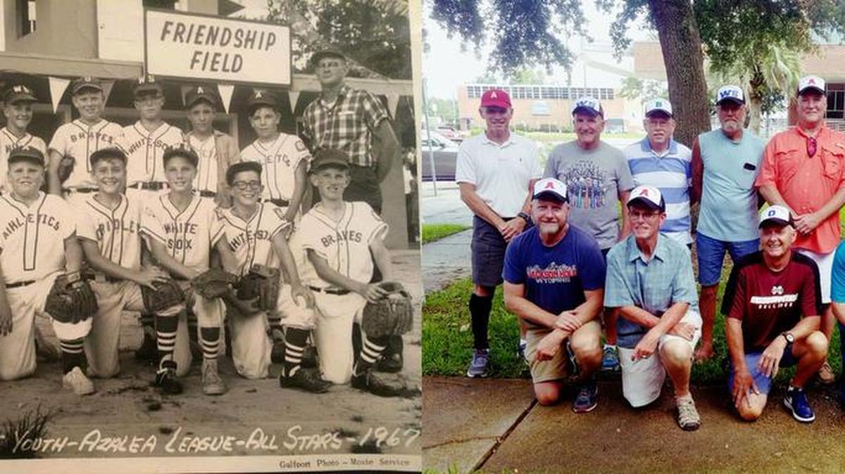 Here are the original 1967 Long Beach Dixie Youth League Azalea All Star Team is set up beside a team picture taken Saturday, June 24, 2017, 50 years after the original picture was taken. On the left are back row, from left: Eddie Holmes, Mark Taylor, Marice Stevison, John Killebrew, Kevin Webb, David Pierson and James Cockrell; front row, from left: John Cockrell, Elton Stevison, Billy Brown, Chris Taylor and Coach Duane Blackwell. Coach Billy Brown is deceased and members Mikey Brown, Buddy Lankston and Mike Hutchinson were unable to attend Saturday. On the right are back row, from left: Eddie Holmes, Mark Taylor, Marice Stevison, John Killebrew, Kevin Webb, David Pierson and James Cockrell; front row, from left: John Cockrell, Elton Stevison, Billy Brown, Chris Taylor and Coach Duane Blackwell. Coach Billy Brown is deceased and members Mikey Brown, Buddy Lankston and Mike Hutchinson were unable to attend Saturday.