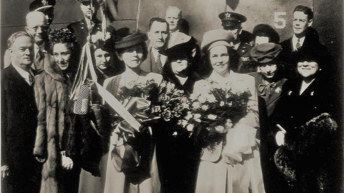Wartime restrictions limited the attendance at the launching of USS Biloxi in 1943.