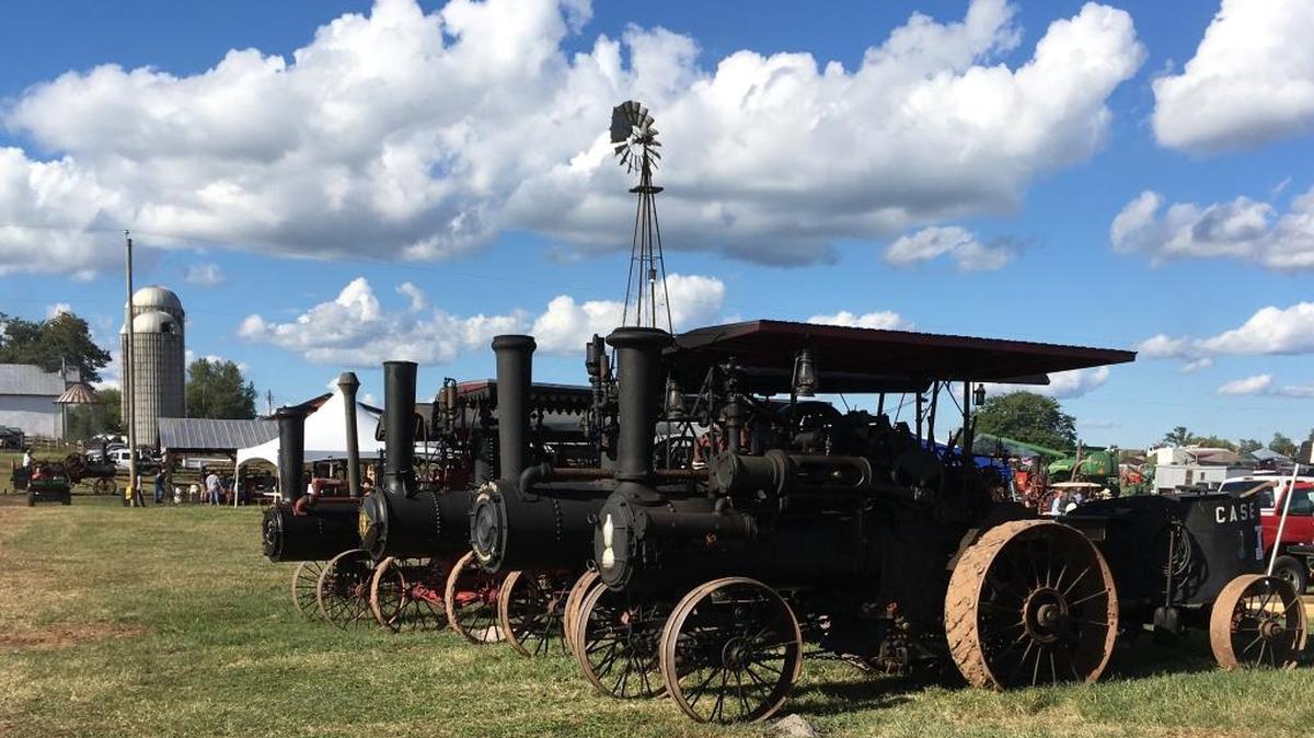 A rare site is a lineup of four steam tractors dating from the late 19th century, early 20th century. The Somerset Steam & Gas Pasture Party in Virginia lures all kinds of steam tractors that were the workhorses of American farms.