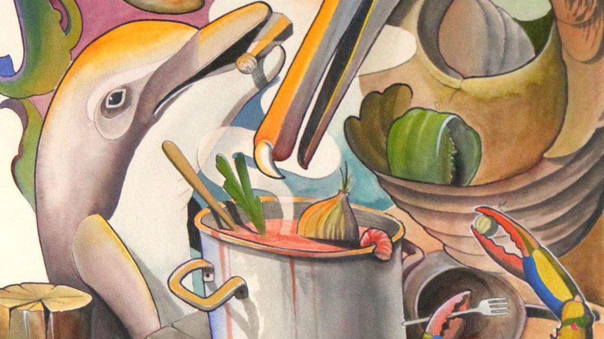 TIM ISBELL/SUN HERALD 
Matt Stebly's 2015 Seafood Festival poster features a dolphin and pelican sharing a seafood brew. The poster was unveiled at the Hard Rock Casino, Thursday, July 23, 2015.