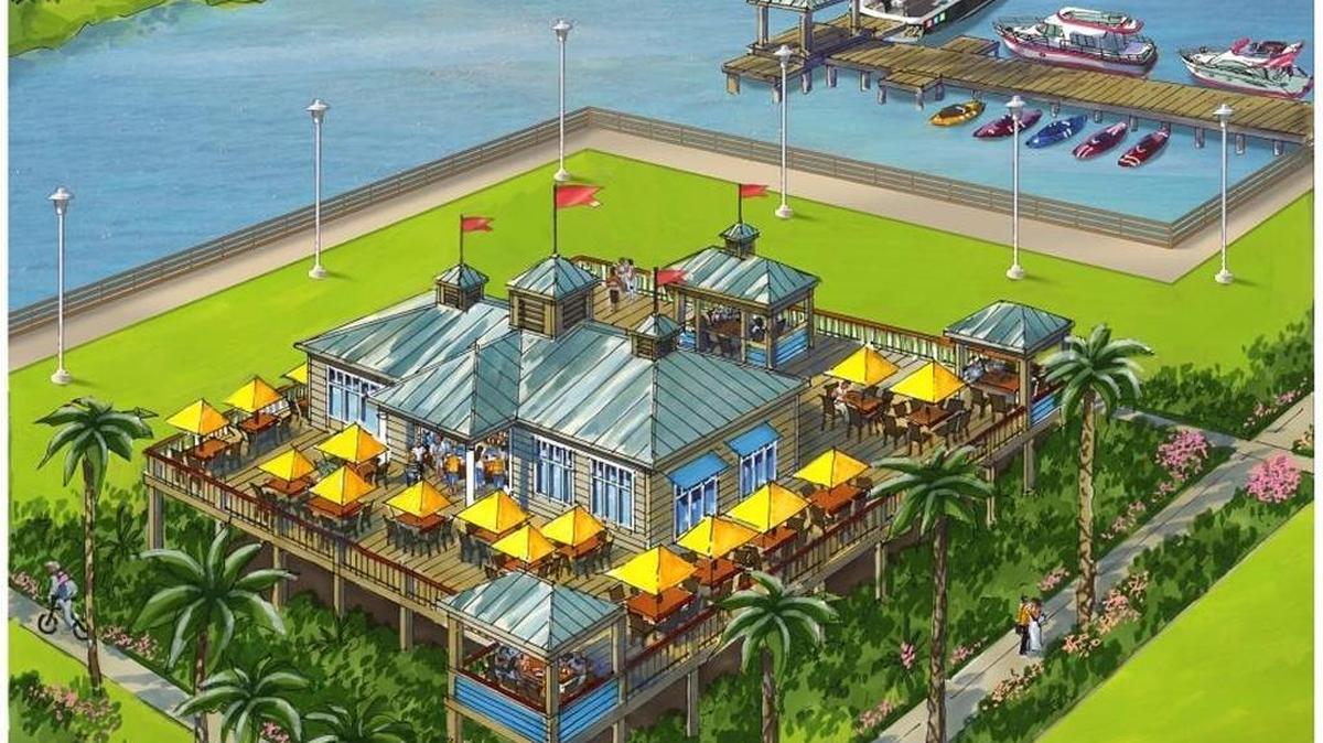A rendering of the Blind Tiger restaurant with indoor-outdoor dining and decks, which will be built on The Great Lawn south of Harrah's Gulf Coast.