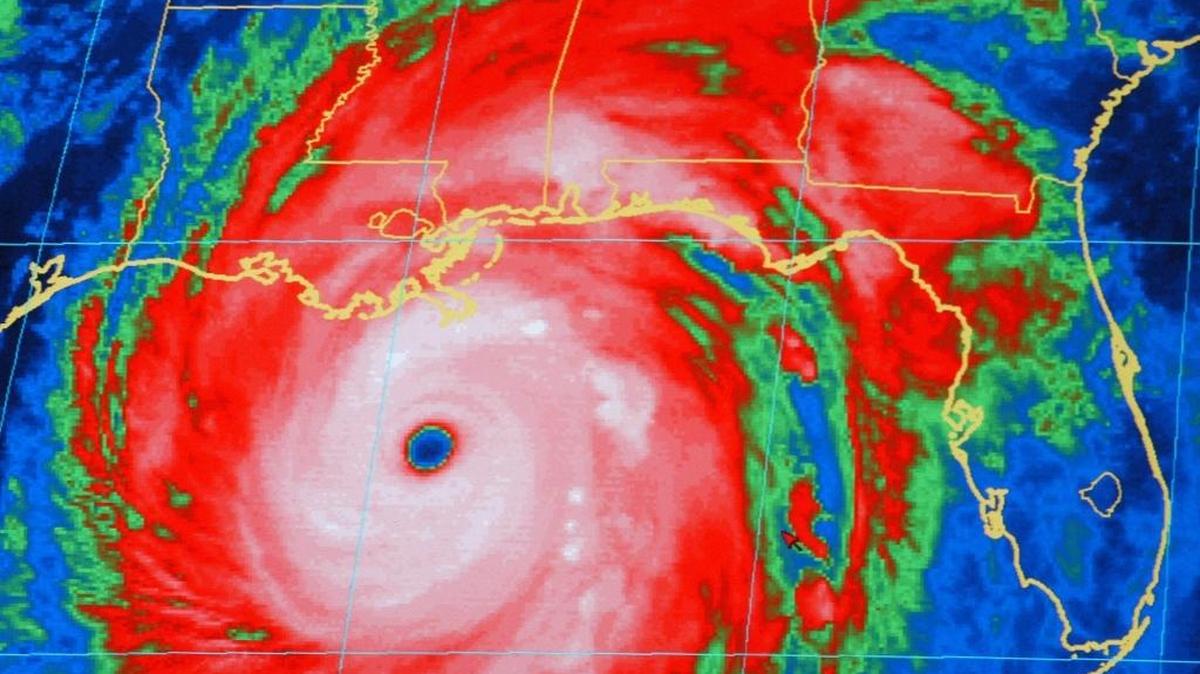 A National Oceanic and Atmospheric Administration infrared satellite images shows the outer bands of Hurricane Katrina, well ashore on the northern Gulf coast and the center of the storm about 165 miles, south-southeast of New Orleans at 8:15 p.m., on Aug. 28, 2005.