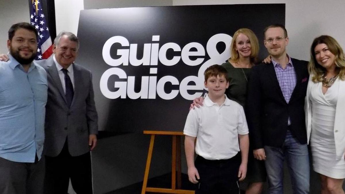 The family celebrates as Angela Guice, right, joins her father Reed Guice, second from left, in his public relations firm, Guice & Guice. With them, from left, are Wade Guice, Breton Guice, Reed’s wife Susan Guice and Angela’s husband Mikael Tyrsen.