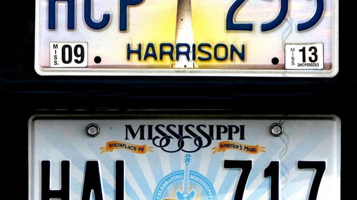 Mississippi’s blue guitar license plate, bottom, replaced the Biloxi Lighthouse plate in 2012. The new brown plate was issued in January, and every car or truck in Mississippi should have a brown plate by Dec. 31, or one of the specialty or vanity plates.