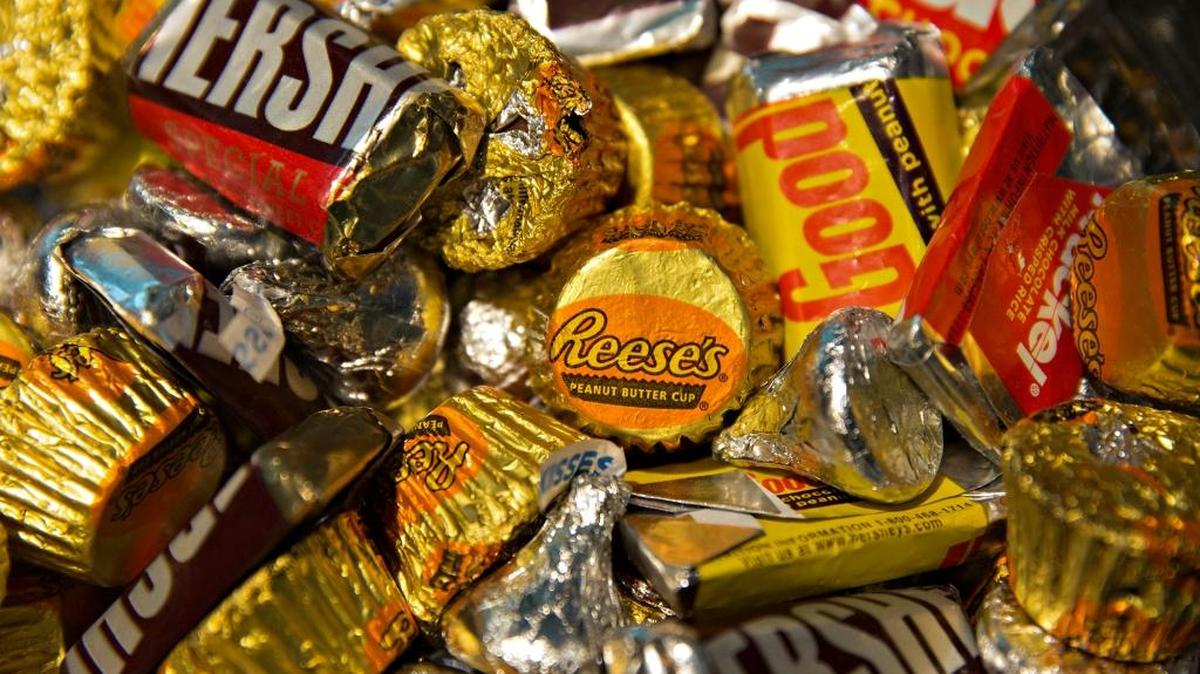 Various Hershey chocolate candies are arranged for a photograph in Tiskilwa, Illinois, on July 28, 2015.