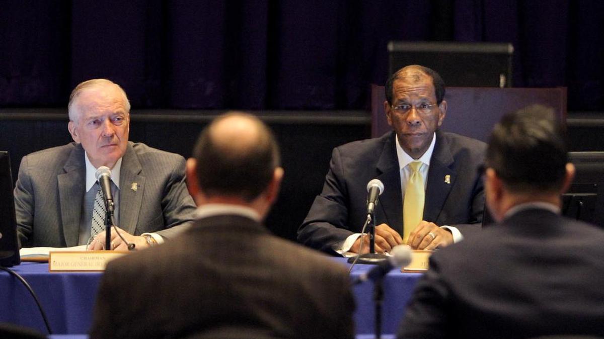 Mississippi Gaming Commissioners Al Hopkins, left, and Jerry Griffith Sr., listen to finding of suitability during gaming commission meeting at the Scarlet Pearl, Thursday, Jan. 20, 2016. The commissioners on Thursday, Oct. 20, decided not to proceed with changing regulations that would have allowed many more casino sites in South Mississippi.