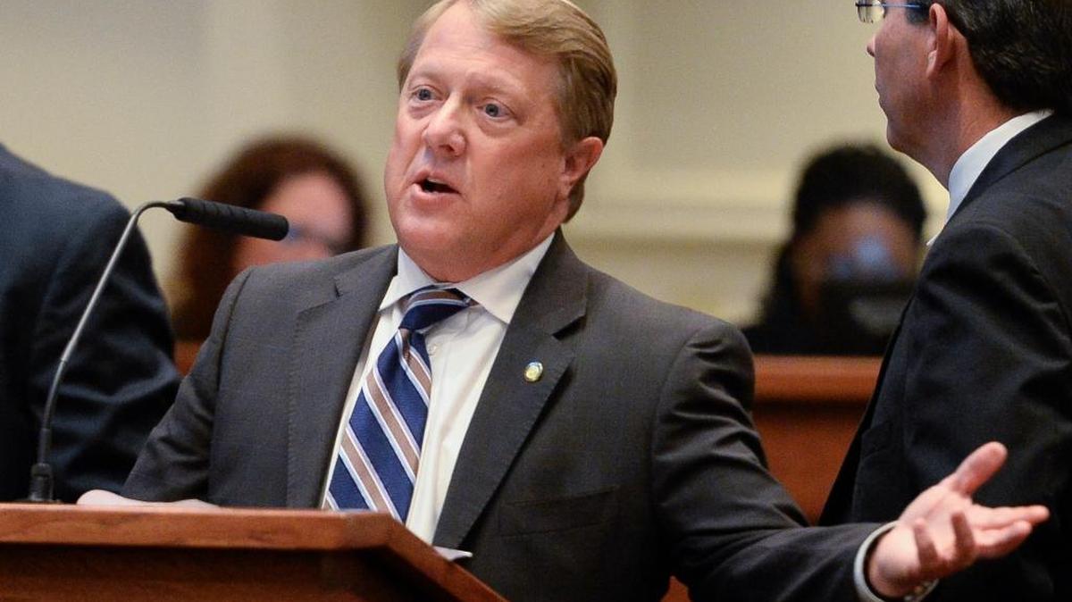 Sen. Dick Brewbaker, R-Montgomery, speaks at the podium on the Senate floor during a special legislative session Wednesday, Aug. 17, 2016, at the Alabama State House in Montgomery, Ala. Alabama senators on Wednesday remained divided on lottery proposals as they tried to strike compromise on gambling that has so far been elusive.