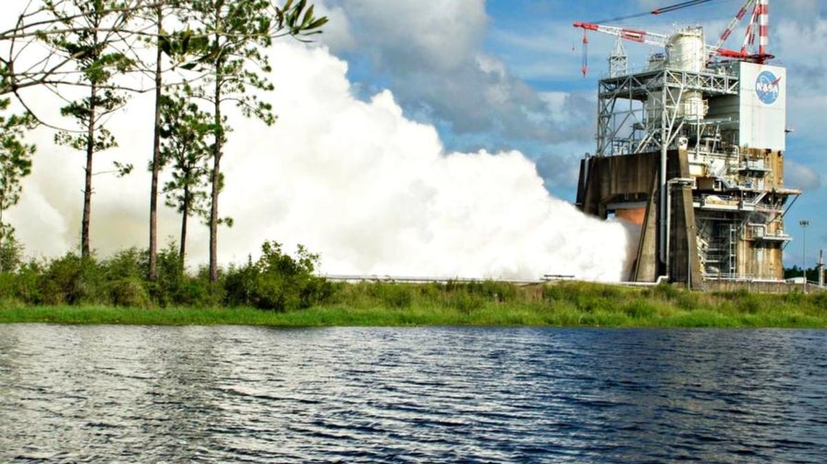A team of NASA, Aerojet Rocketdyne and Syncom Space Services personnel conduct a test Friday of the RS-25 rocket at Stennis Space Center in Hancock County.