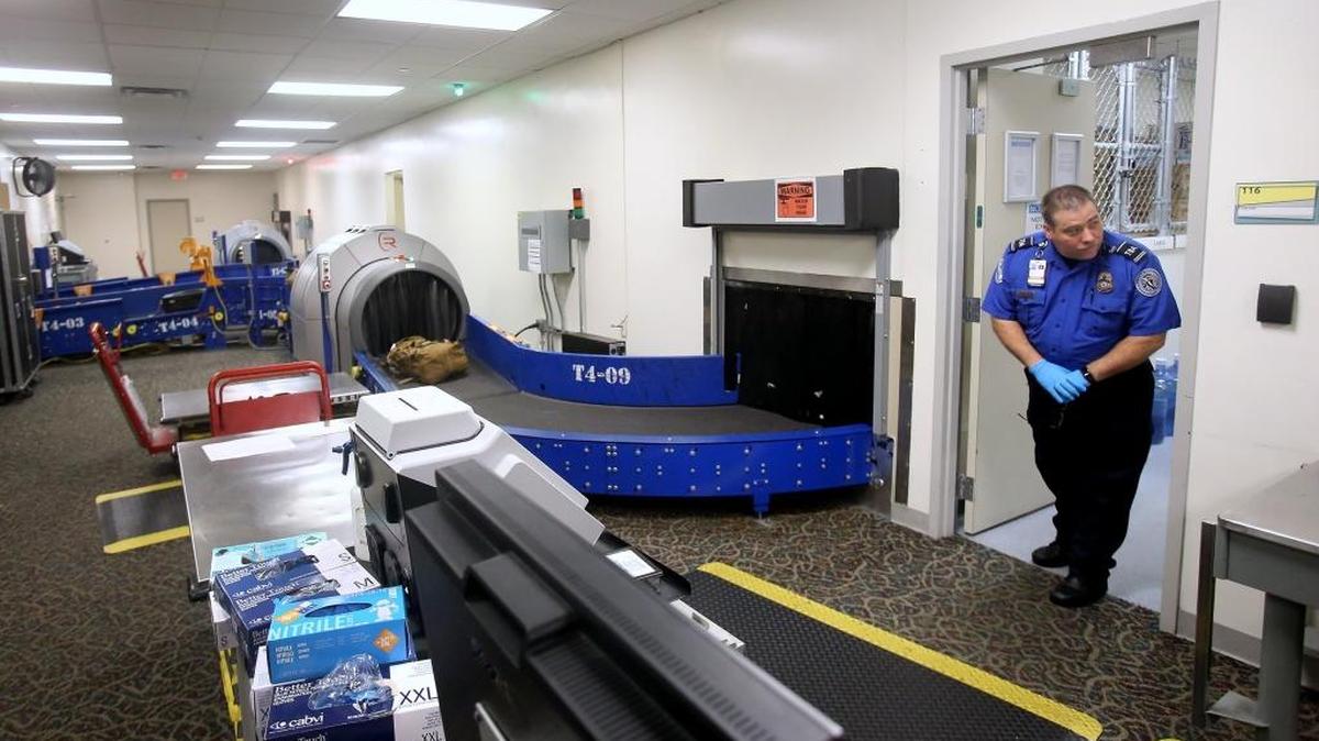 The Transportation Security Administration checks both checked and carry-on luggage. Explosive detection systems are used to screen checked baggage, as pictured, at the Gulfport-Biloxi International Airport.