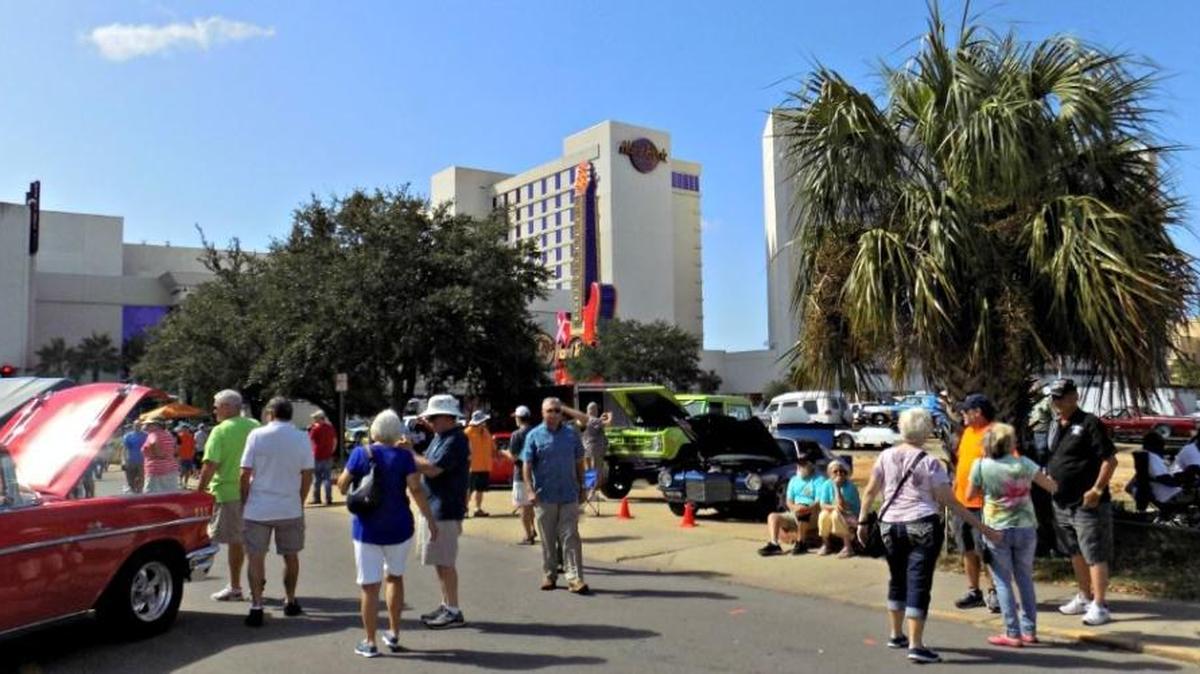 Cruisers fill downtown Biloxi in the shadow of Hard Rock and Beau Rivage casinos.