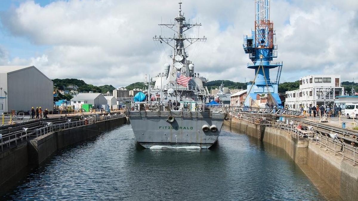 Arleigh Burke-class guided-missile destroyer USS Fitzgerald (DDG 62) is positioned into Dry Dock 4 at Fleet Activities (FLEACT) Yokosuka to continue repairs and assess damage sustained from its June 17 collision with a merchant vessel. It now will arrive in Pascagoula for repairs.