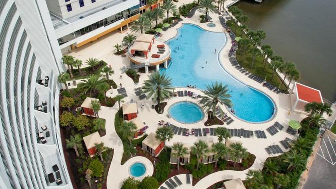 The pool at Hard Rock Casino Biloxi is complete with a swim-up bar.