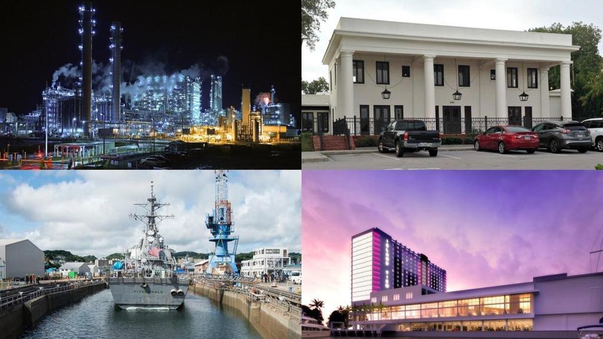 Clockwise from top left: Mississippi Power’s Kemper County plant, White Pillars restaurant, Island View Casino Resort’s new beach tower and the USS Fitzgerald coming to Ingalls Shipbuilding