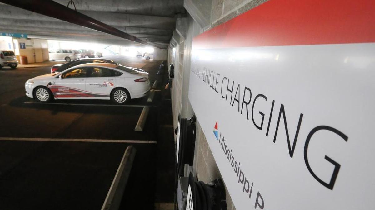 A Mississippi Power Co. electric car charges at Edgewater Mall in Biloxi on Wednesday, Sept. 13, 2017, before a ribbon-cutting ceremony for an electric car charging station inside the mall's parking garage.