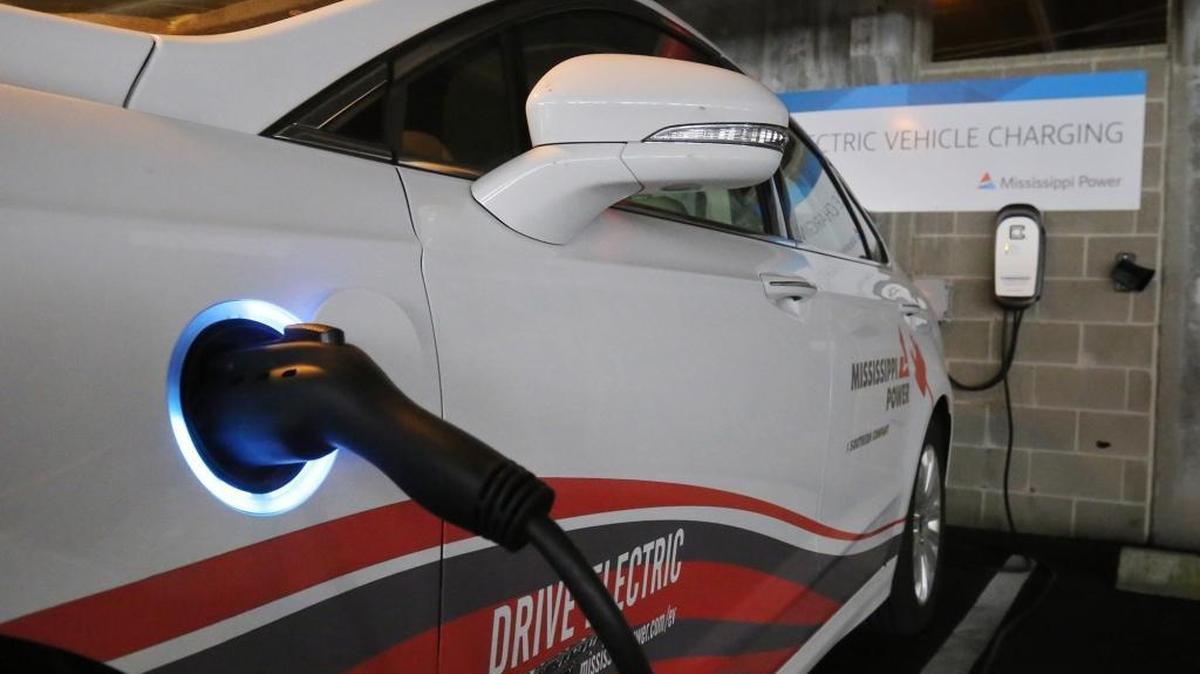 A Mississippi Power Co. electric car charges at Edgewater Mall in Biloxi on Wednesday, Sept. 13, 2017, before a ribbon-cutting ceremony for an electric car charging station inside the mall's parking garage.