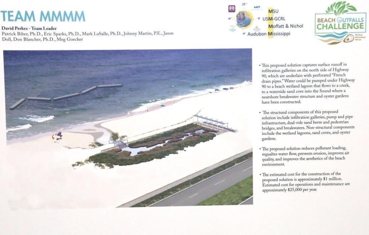 The presentation board of Team MMMM, one of three Beach Outfalls Challenge Showcase winners presented at the University of Southern Mississippi campus in Long Beach on Wednesday.