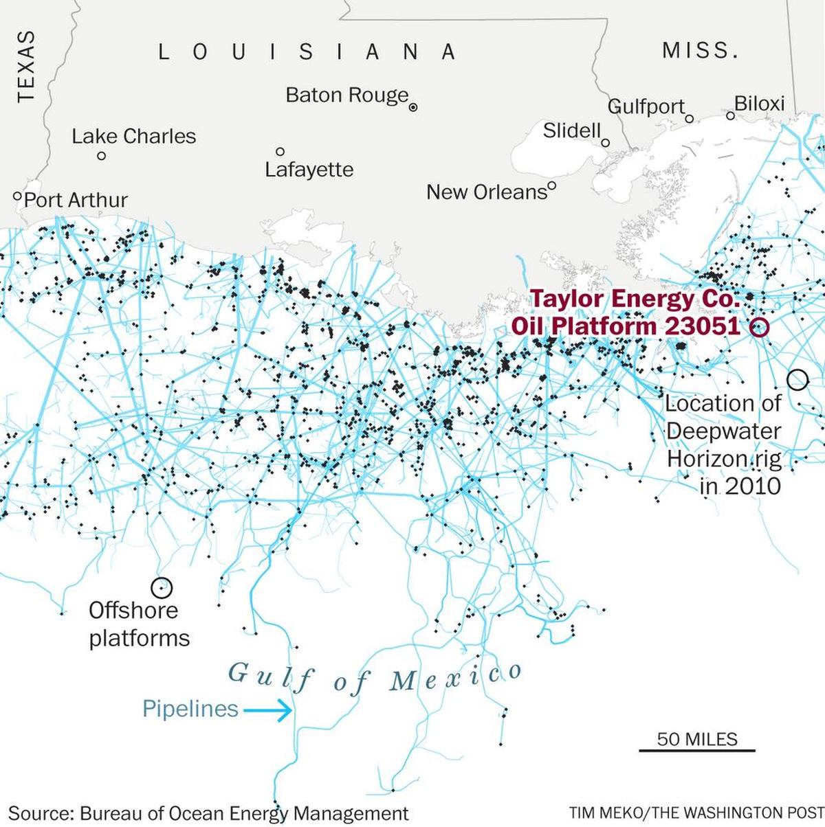 Map showing oil platforms and pipelines in the Gulf of Mexico