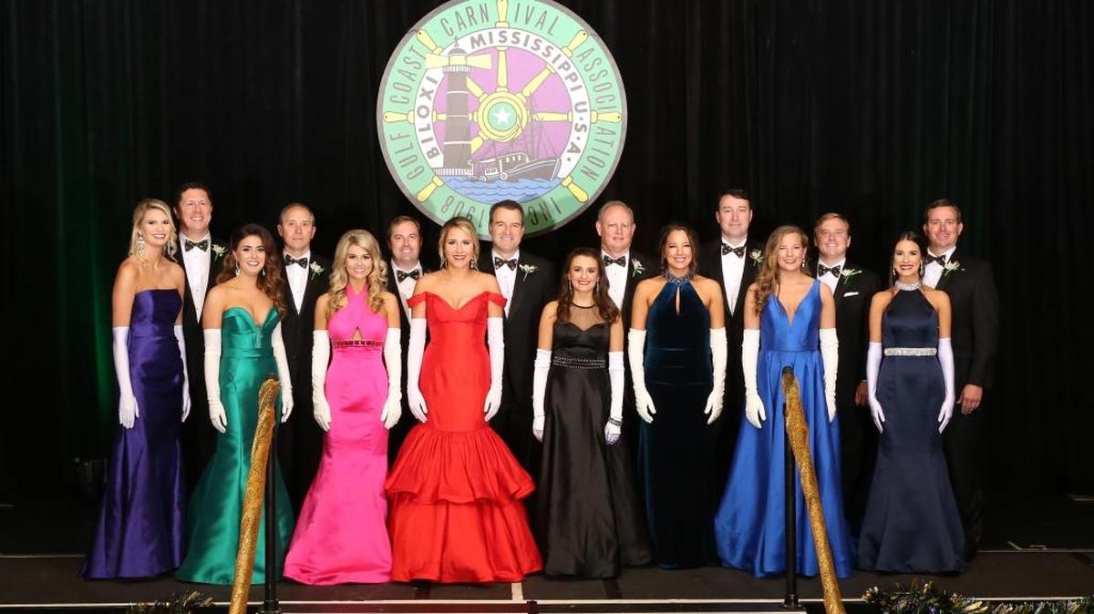 The Gulf Coast Carnival Association’s 2017 maids and dukes: Erin Simpson, left, Thomas Mueller, Elissa Roybal, Gregory Fairey, Juliana Douglas, Frank Bordeaux, Sarah Lovell, Ray Wesson, Shelby Schepens, Arthur McMillan, Karin Mayer, Sean Tindell, Jane Perin Mayer, Damian Jakubik, Hope Broadus and Rimmer Covington.
