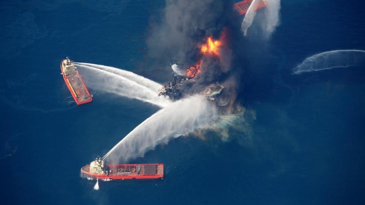 The Deepwater Horizon oil rig burns in the Gulf of Mexico south of Gulfport in 2010.