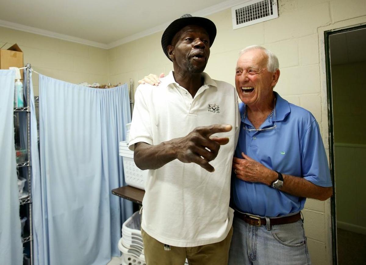 Howard Jenkins, left, jokes around with Ted Hearn, 84, at the Salvation Army in Gulfport on Thursday, June 15, 2017. Jenkins is just one of the many people Hearn has helped over the years. Jenkins is now employed as the custodian for Salvation Army. Photographer’s comments: I love the interaction that was captured between these two men.