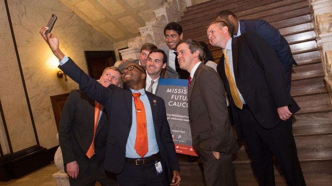Reps. Jeramey Anderson and Toby Barker celebrate the kick off of the Future Caucus in millennial fashion — with a group selfie. Also there were Reps. Joel Bomgar, Ron McNeal, Robert Foster, Jarvis Dortch and Noah Sanford and Steven Olikara and Chrisse Eatmon of the Millennial Action Project staff.