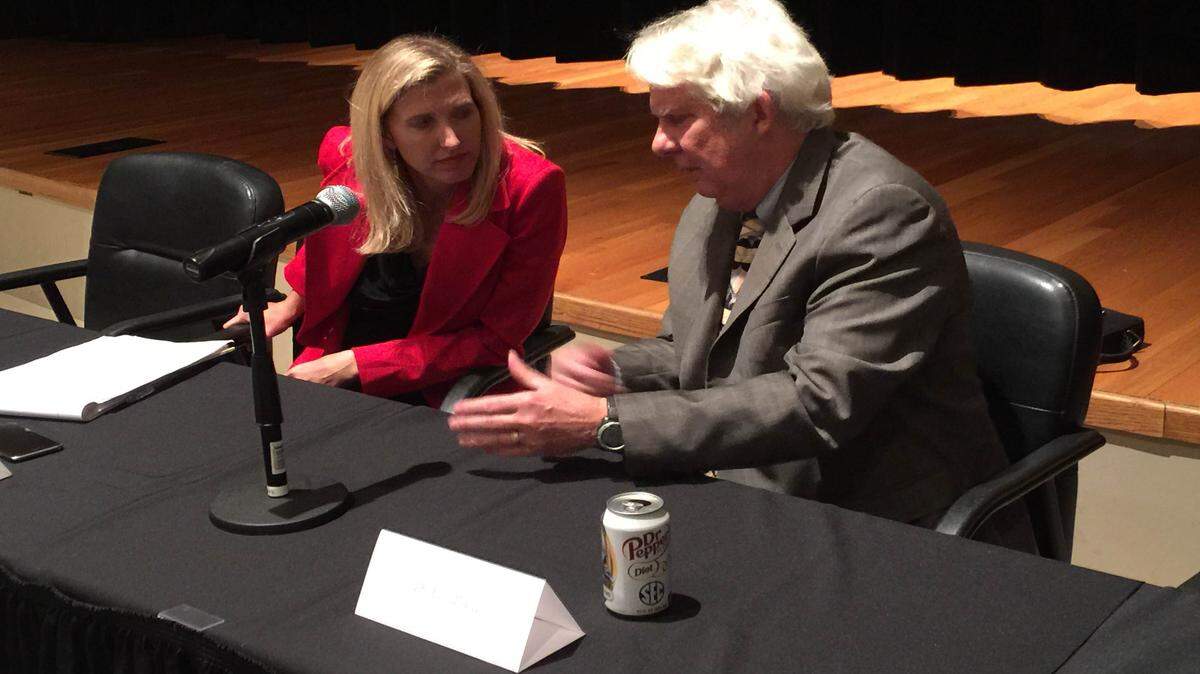Dr. Kelly Lucas and Dr. Eric Powell discuss the finding from the Oyster Restoration and Resiliency Plan, which was created by  Gov. Phil Bryant’s Oyster Restoration And Resilience Council, Monday at USM’s Gulf Park campus.