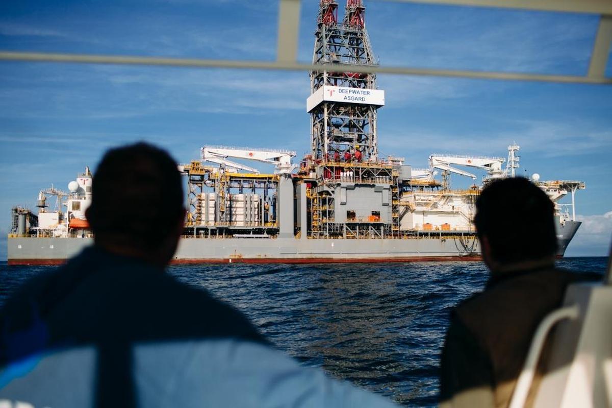 The Deepwater Asgard, a drillship owned by the same company as the Deepwater Horizon, in the Gulf of Mexico near Port Fourchon, La., Jan. 10, 2018. The Asgard and other drillships owned by Transocean anchor in place 18 miles offshore for months at a time with their generators running and their crews on board, waiting for work.