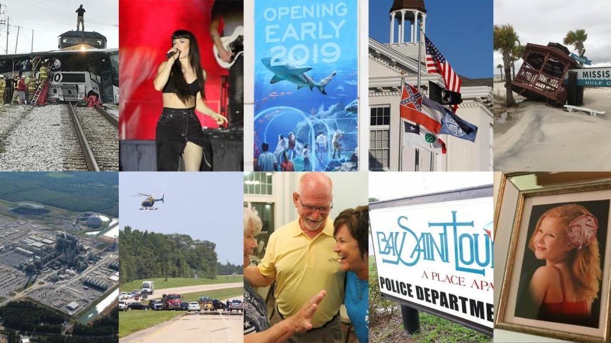 Clockwise from top left: The Biloxi bus-train crash, The Band Perry at the Bicentennial Celebration, Mississippi Aquarium poster, the Mississippi state flag, damage from Hurricane Nate, Sophia Myers, the Bay St. Louis Police Department, one of the new mayors Mike Favre, the Harrison County deputy shooting, and Mississippi Power’s Kemper County plant.