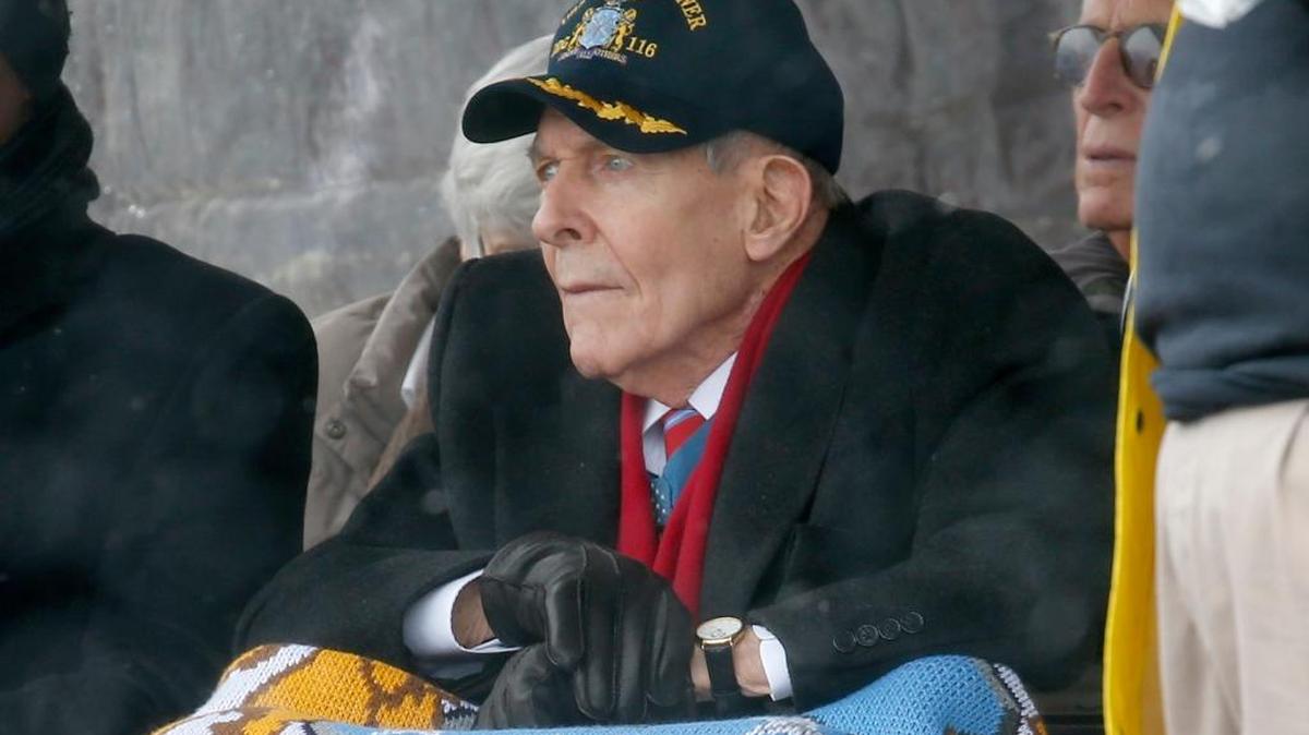 Korean War veteran Thomas Hudner looks on during the christening ceremony for the future USS Thomas Hudner, a U.S. Navy destroyer named in his honor, at Bath Iron Works in Bath, Maine, Saturday, April 1, 2017.