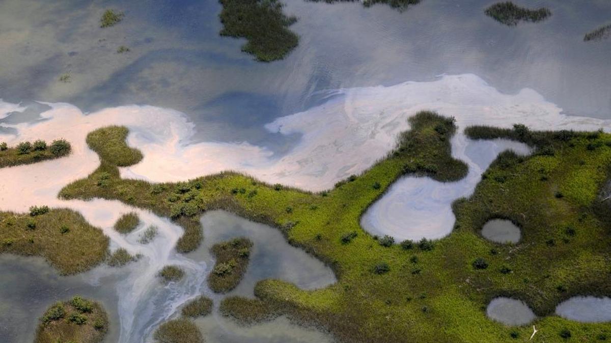 An aerial vew of the northern Chandeleur barrier islands shows sheens of oil reaching land on May 6, 2010 in the Gulf of Mexico. The islands rest 20 miles from the main Louisiana coastline.