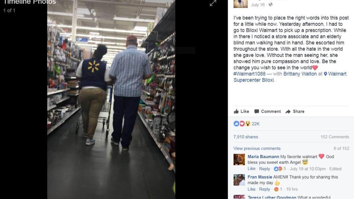Meghann Shaw’s post about a Walmart sales associate helping a blind man with his shopping has gone viral on Facebook, garnering 8,000 shares by Friday evening. Brittany Walton, the sales associate, said she felt compelled to help “Mr. Roy” with his shopping.