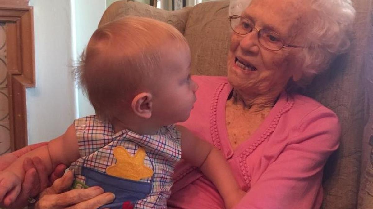 Eleanor Lemon holds her first great-grandchild, Cathryn Lemon Wineski, on Lemon’s 100th birthday. ‘She looked at all of her grandchildren that way,’ granddaughter Amy Lemon said.