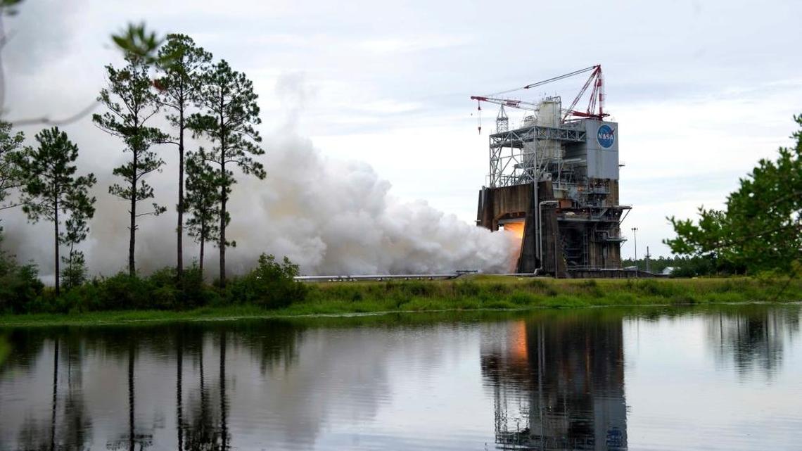 A team of NASA, Aerojet Rocketdyne and Syncom Space Services engineers and operations conduct a test of an RS-25 engine on July 14 on the A-1 Test Stand at Stennis Space Center. The test fell short of its scheduled 650 seconds. Initiated at 5:57 p.m., there was a minor issue with the test stand that triggered an early shutdown 193 seconds into the test. Facility control systems in place responded properly by shutting down the test in an orderly fashion. No issues were reported with the engine, and the next test is planned for August.
