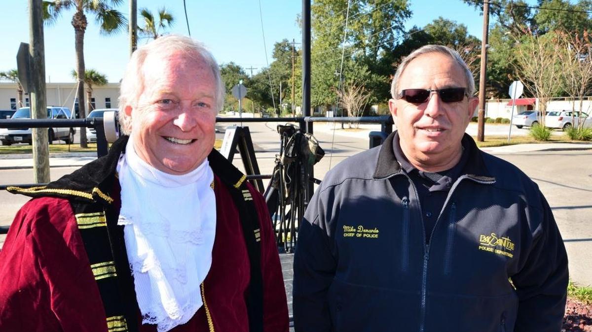 Bay St. Louis Mayor Les Fillingame, left, and Police Chief Mike De Nardo attend the inaugural Pirate Day Festival at the Ugly Pirate in Bay St. Louis in November 2014.