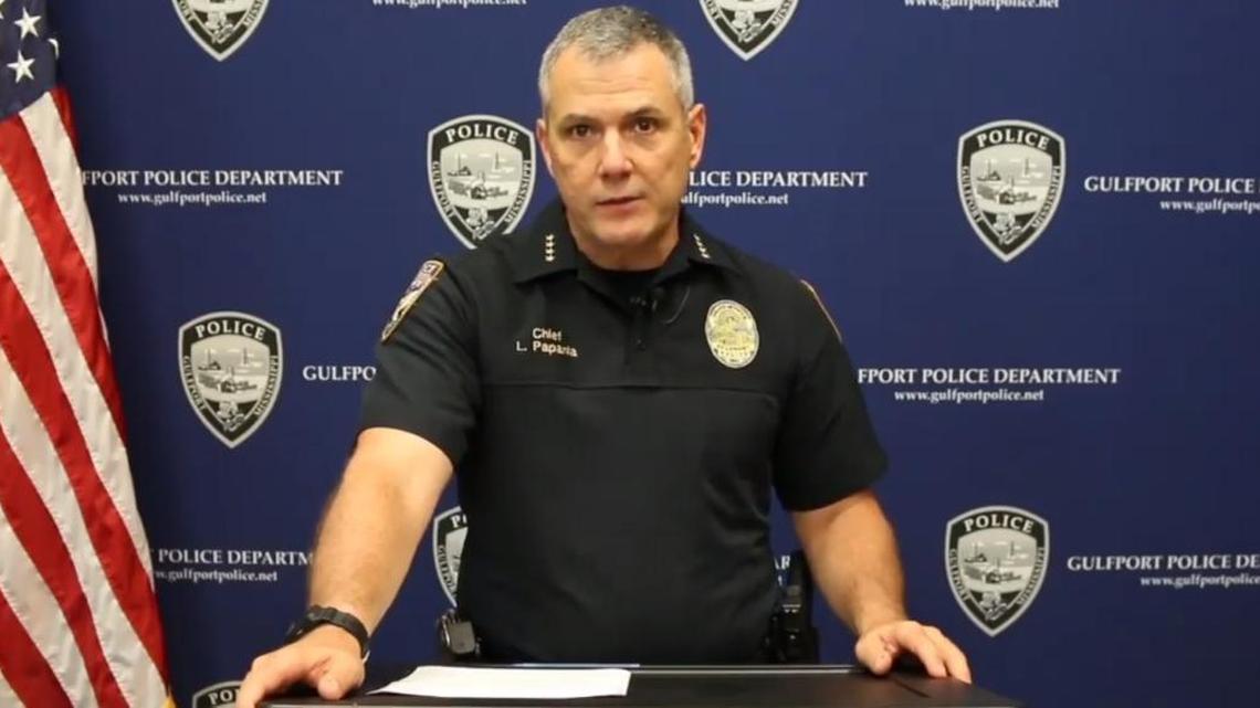 The screenshot shows a still image from a video statement released by the Gulfport Police Department.