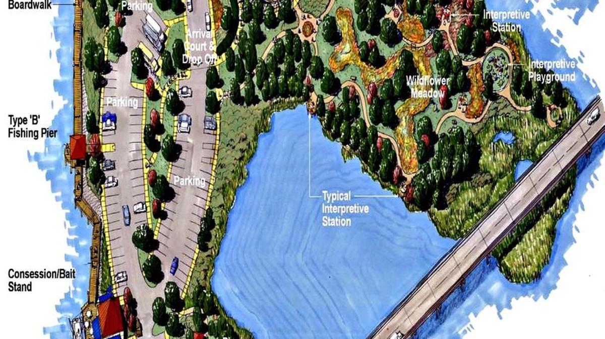 The design for Popp’s Ferry Causeway Park calls for trails, an interpretive center, concession stand, bait shop, canoe rentals and a wildflower meadow. The $4 million in BP money for the project was announced in 2013.