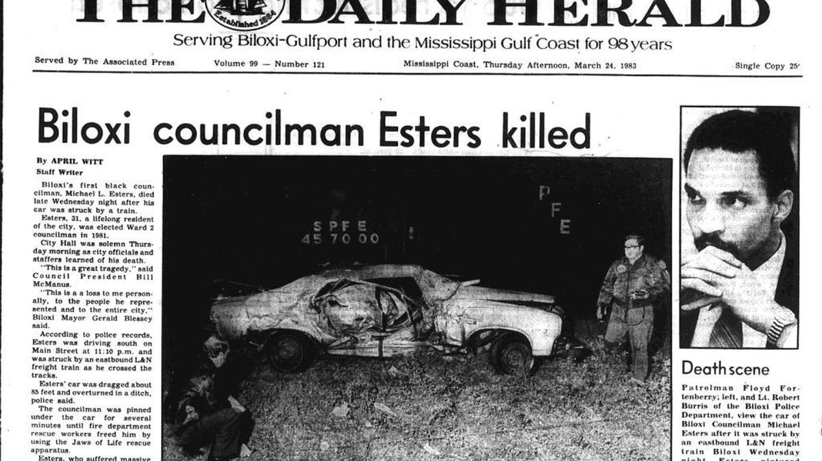 The Daily Herald front page reports the accident at the Main Street crossing in Biloxi, Mississippi, that claimed the life of then-Biloxi Councilman Michael Esters. The cross-street was renamed Esters Boulevard in his memory.