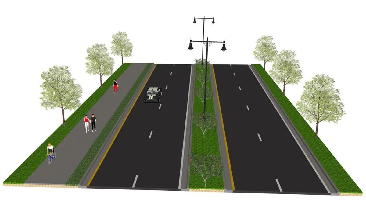 A 10-foot pathway, raised median with turn lanes and landscaping are included in a Courthouse Road project. This is illustration shows the project’s look from U.S. 90 to Perry Street. North of Perry Street to Pass Road, the west side of Courthouse will have a sidewalk.