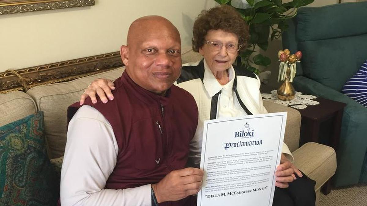 Retired Brig. Gen. Sam Nichols Jr. and his former teacher Della McCaughan show off a proclamation from Mayor Andrew ‘FoFo’ Gilich and the Biloxi City Council on Saturday, March 18, 2017, naming April Della M. McCaughan month.