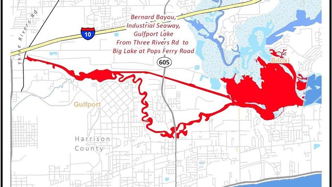 Gulfport waterways marked in red are once again safe for contact. MDEQ had issued a no-contact advisory for these areas last week after breaks in sewer lines.