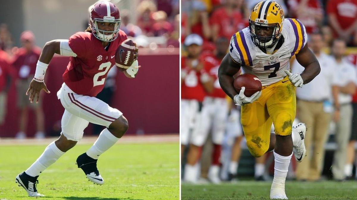 At left, in a Sept. 24, 2016, file photo, Alabama quarterback Jalen Hurts runs the ball during an NCAA college football game against Kent State, in Tuscaloosa, Ala. At right, in a Sept. 3, 2016, file photo, LSU's Leonard Fournette (7) runs during an NCAA college football game against Wisconsin, in Green Bay, Wis.