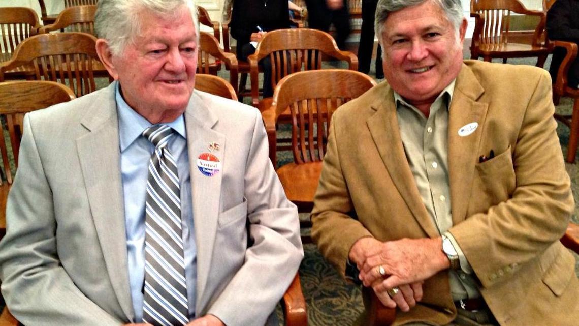 Former Biloxi Mayor Danny Guice Sr., left, and his son, retired state Rep. Daniel Guice Jr., visit at Biloxi City Hall, when the former mayor was honored on his 90th birthday. Guice Sr. died Thursday at age 92; his funeral will be Tuesday.