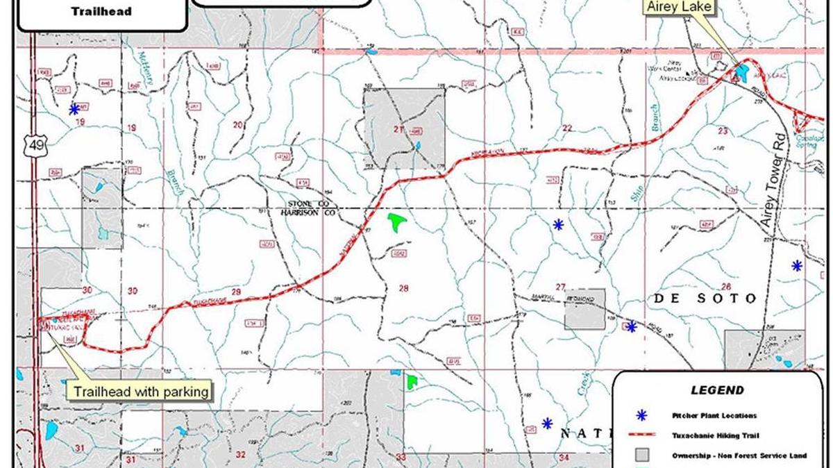 The first 5 miles of the Tuxachanie Trail stretch from U.S. 49 to Airey Lake and the P.O.W. Camp recreation area.