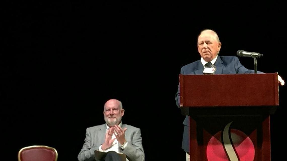 D’Iberville Mayor Rusty Quave, right, the longest serving mayor in South Mississippi, delivered his State of the City address at Scarlet Pearl Casino on Wednesday. He continues to invite new businesses to his city. At left is Richard Lucas with the D’Iberville-St. Martin Chamber of Commerce.