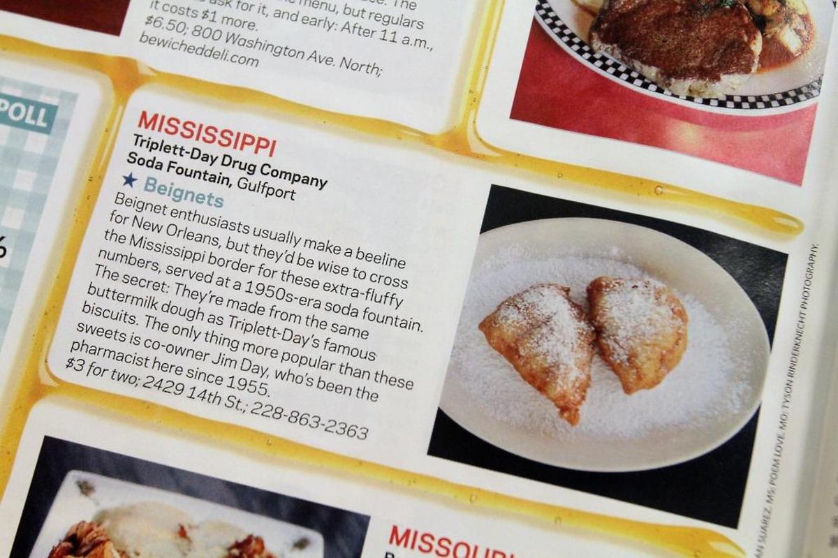 Triplett-Day Drug Company’s soda fountain beignets were named the Tastiest Breakfast in Mississippi in the current issue of Food Network Magazine. Their beignets were made from the same dough as their buttermilk biscuits.