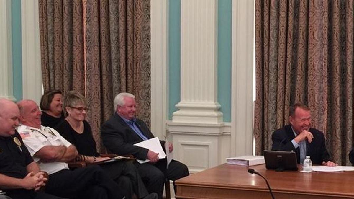 In a lighter moment at Tuesday’s Biloxi budget hearing, the department heads joke with Mayor Andrew “FoFo” Gilich. From left are Community Development Director Jerry Creel, Police Chief John Miller, Fire Chief Joe Boney, Parks and Recreation Director Sherry Bell, Director of Administration Kenneth McKeown, Chief Administrative Officer Mike Leonard and Gilich.